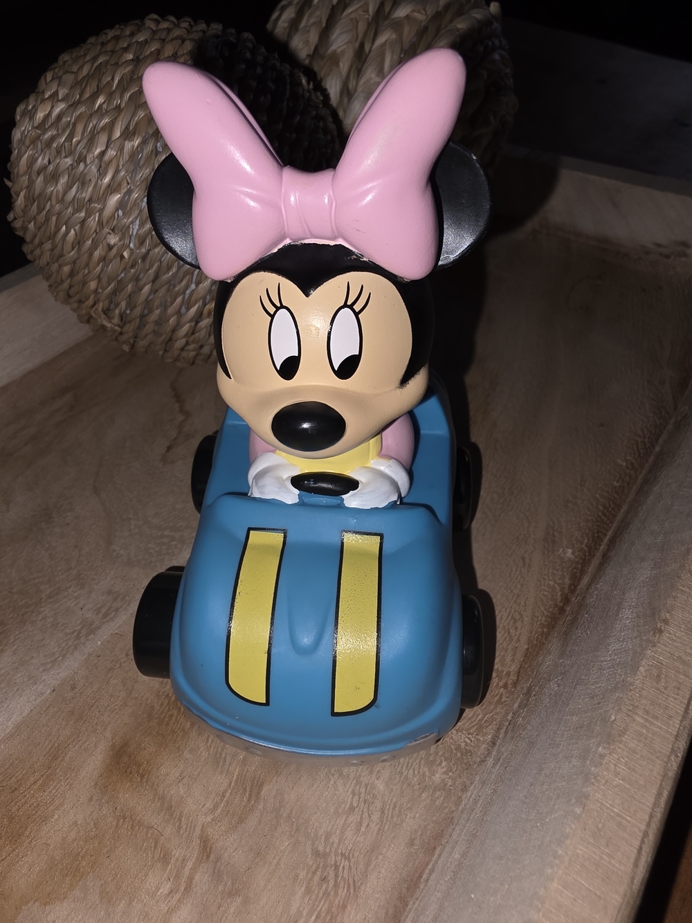 Disney Minnie Mouse Blue Car with Pink Bow and Yellow Stripes